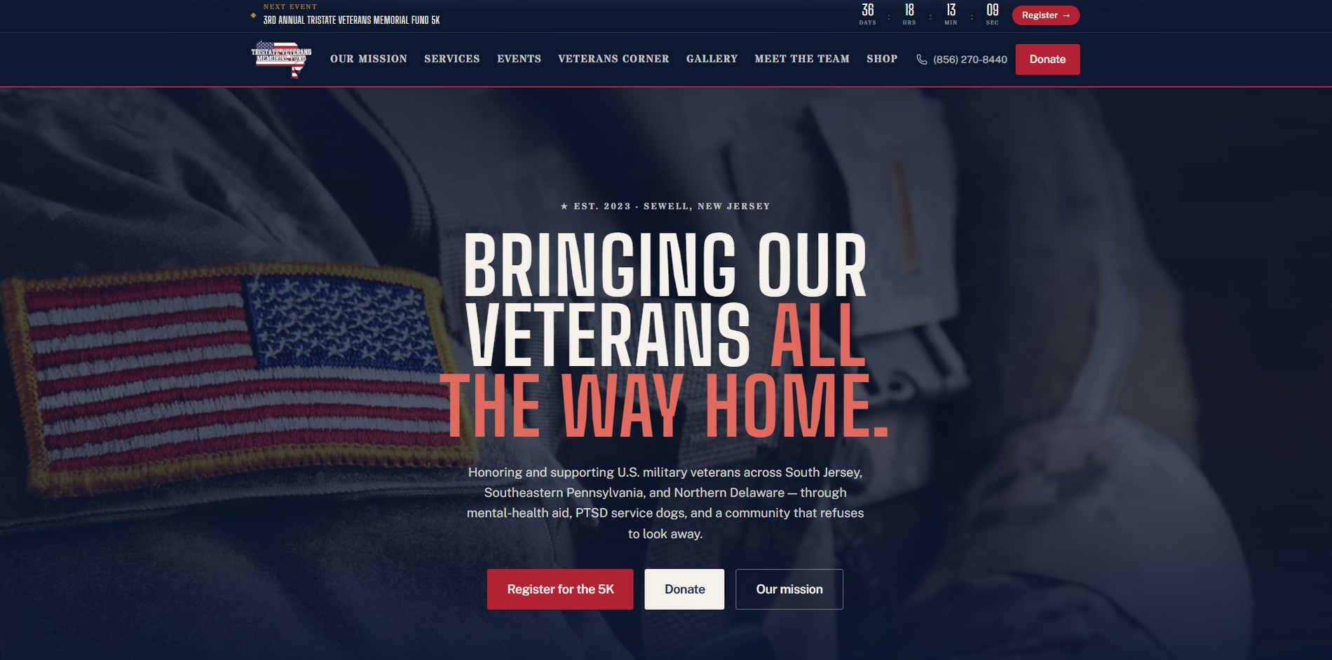 The rebuilt TriState Veterans Memorial Fund homepage, with the next event counting down at the top
